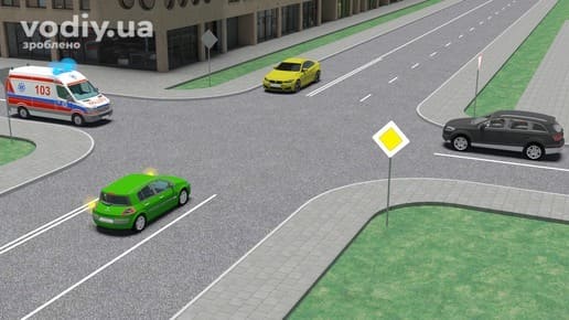 Черговість проїзду нерегульованого перехрестя, дорожній знак 2.3, швидка допомога з синім проблисковим маячком, жовтий, зелений та чорний автомобілі.