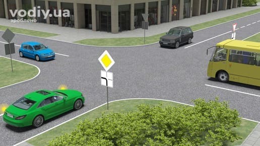 Зелений та синій автомобілі, автобус і позашляховик на перехресті, дорожні знаки 2.3 «Головна дорога», 7.8 «Напрямок головної дороги».