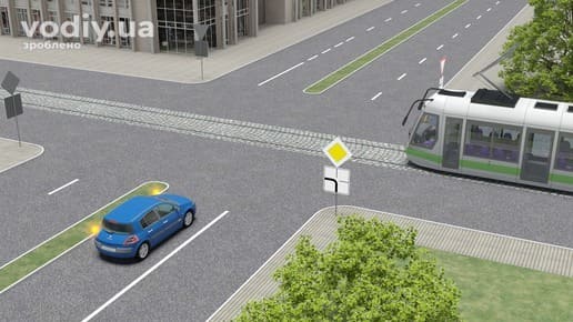 Черговість проїзду перехрестя з трамваєм, дорожні знаки: 2.3 «Головна дорога», 7.8 «Напрямок головної дороги»