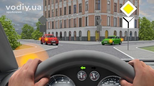 Червоний та зелений автомобілі на перехресті, дорожні знаки 2.3 «Головна дорога», 7.8 «Напрямок головної дороги», увімкнений лівий покажчик повороту.