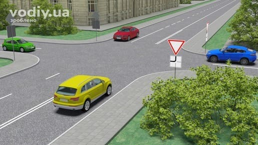 Черговість проїзду нерегульованого перехрестя, дорожні знаки 2.1 «Дати дорогу», 7.8 «Напрямок головної дороги», чотири автомобілі на перехресті.