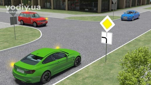 Черговість проїзду нерегульованого перехрестя, зелений, червоний та синій автомобілі, дорожні знаки 2.3 «Головна дорога», 7.8 «Напрямок головної дороги».