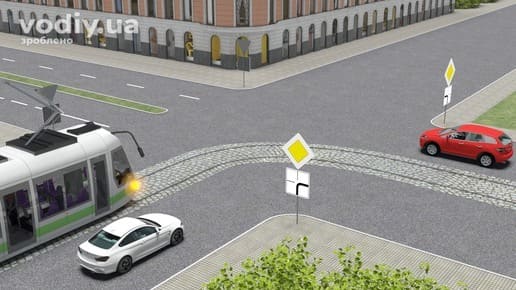 Черговість проїзду нерегульованого перехрестя, дорожні знаки 2.3 «Головна дорога» та 7.8 «Напрямок головної дороги», трамвай і автомобілі на дорозі