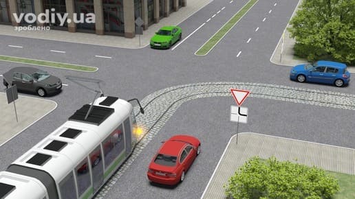Червоний, зелений, синій, чорний автомобілі та трамвай на перехресті, дорожні знаки 2.1 «Дати дорогу», 7.8 «Напрямок головної дороги».
