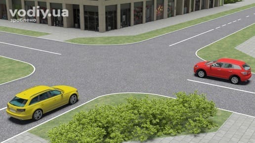 Червоний та жовтий автомобілі на нерегульованому перехресті рівнозначних доріг, черговість проїзду за правилом правої руки.