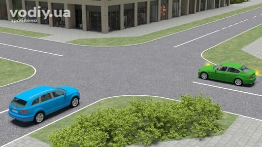 Черговість проїзду рівнозначного перехрестя, синій та зелений автомобілі на дорозі без знаків пріоритету.