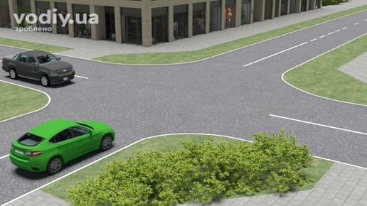 Черговість проїзду рівнозначного перехрестя, зелений та чорний автомобілі на дорозі без знаків пріоритету.