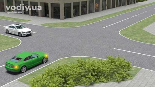 Зелений та білий автомобілі на нерегульованому перехресті рівнозначних доріг, черговість проїзду за правилом правої руки.