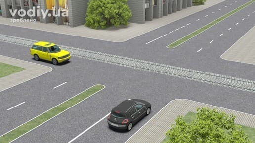 Черговість проїзду нерегульованого перехрестя рівнозначних доріг, правило правої руки, чорний та жовтий автомобілі на дорозі з розділювальною смугою