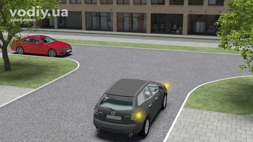 Червоний та чорний автомобілі на нерегульованому перехресті рівнозначних доріг, черговість проїзду за правилом правої руки.