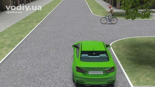 Зелений автомобіль та велосипедист на нерегульованому перехресті рівнозначних доріг, черговість проїзду за правилом правої руки.