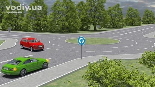 Дорожній знак 4.10 «Круговий рух», червоний автомобіль на колі та зелений автомобіль перед в'їздом на перехрестя з круговим рухом.