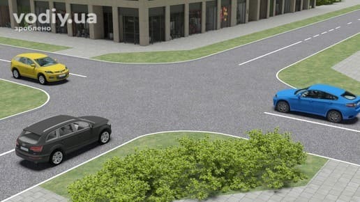 Черговість проїзду нерегульованого перехрестя рівнозначних доріг, чорний, жовтий та синій автомобілі на перехресті.