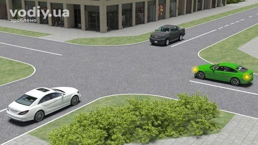 Черговість проїзду нерегульованого перехрестя рівнозначних доріг, правило правої руки, білий, зелений та чорний автомобілі