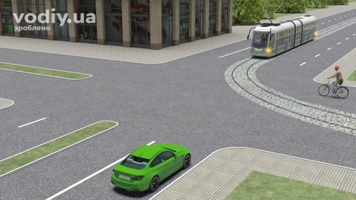 Черговість проїзду рівнозначного перехрестя: зелений автомобіль, трамвай та велосипедист. Перешкода праворуч на дорозі.