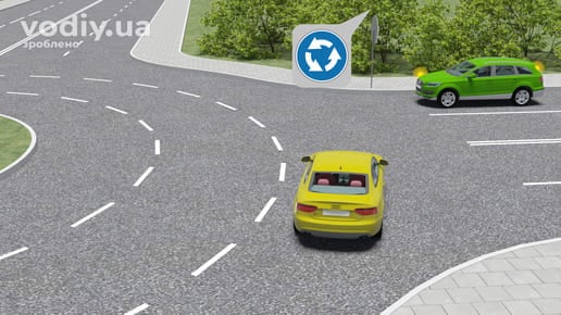 Черговість проїзду перехрестя з круговим рухом, дорожній знак 4.10 «Круговий рух», жовтий та зелений автомобілі на колі.