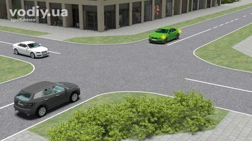 Черговість проїзду нерегульованого перехрестя рівнозначних доріг, чорний, білий та зелений автомобілі перед перехрестям.