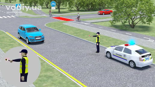 Поліцейський подає сигнал про зупинку жезлом, Розмітка 1.4 (жовтого кольору), дорожні знаки: 5.38.1 «Пішохідний перехід», 4.14 «Доріжка для велосипедистів»