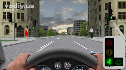 Зелений сигнал світлофора з контурними стрілками прямо та ліворуч на регульованому перехресті