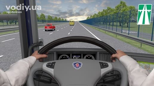 Рух вантажного автомобіля по автомагістралі, дорожній знак 5.1 «Автомагістраль», вид з кабіни водія вантажівки
