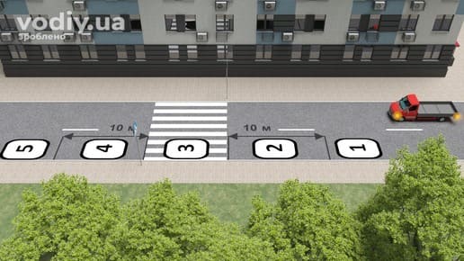 Зупинка вантажного автомобіля біля пішохідного переходу, дорожній знак 5.38.1, розмітка 1.14.1, відстань 10 метрів від зебри