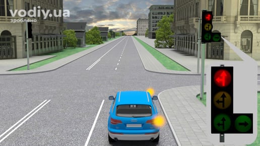 Синій автомобіль перед перехрестям, червоний сигнал світлофора з чорними контурними стрілками прямо та ліворуч, увімкнений правий покажчик повороту.