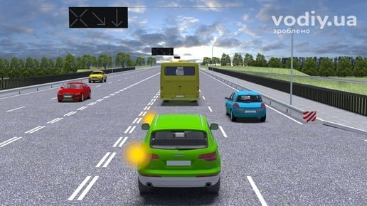 Зелений автомобіль з увімкненим покажчиком повороту, автобус попереду, вимкнений реверсивний світлофор та дорожня розмітка 1.9.