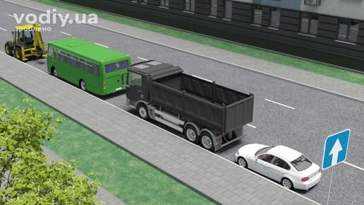 Зупинка на лівому боці дороги з одностороннім рухом у населеному пункті, дорожній знак 5.5 «Дорога з одностороннім рухом»