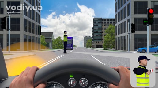 Сигнали регулювальника на перехресті, поворот ліворуч під червоний сигнал світлофора з додатковою секцією