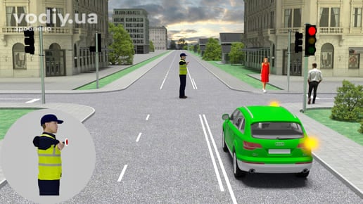 Проїзд регульованого перехрестя, сигнали регулювальника та пішоходи, поворот автомобіля праворуч при працюючому світлофорі