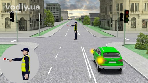 Зелений автомобіль з увімкненим лівим поворотом перед перехрестям, регулювальник стоїть боком з витягнутою вперед правою рукою.