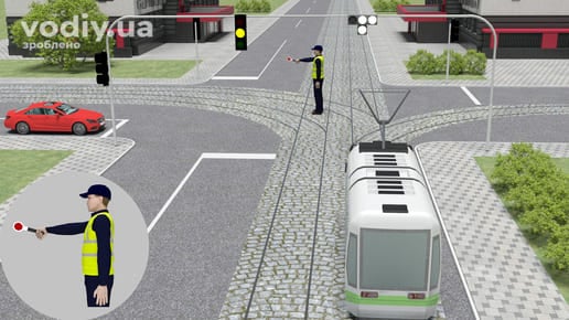 Рух трамвая на регульованому перехресті, жест регулювальника та Т-подібний світлофор для трамваїв