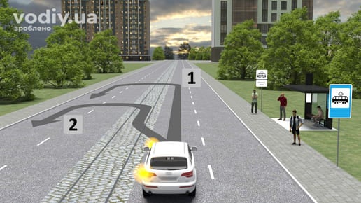 Розворот на дорозі з трамвайною колією попутного напрямку, дорожній знак 5.46.1 «Пункт зупинки трамвая», горизонтальна дорожня розмітка 1.5.