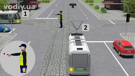 Регулювальник на перехресті з витягнутою вперед правою рукою, трамваї 1 та 2, синій та червоний автомобілі перед коліями.