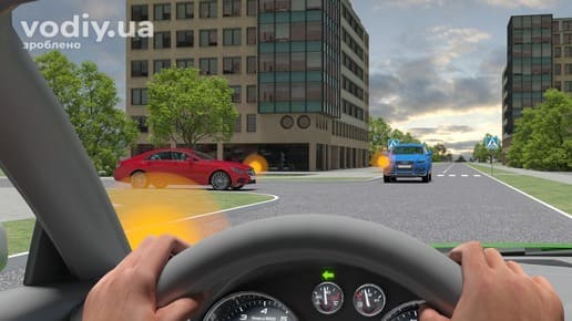 Червоний та синій автомобілі на рівнозначному перехресті, дорожні знаки 5.38.1 та 5.38.2 «Пішохідний перехід», черговість проїзду.