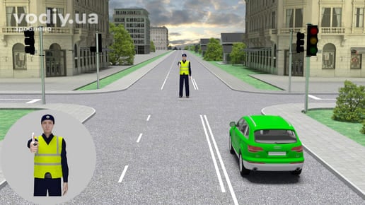 Регулювальник на перехресті, рука витягнута вперед, зелений автомобіль перед вимкненим світлофором, сигнали регулювальника ПДР.