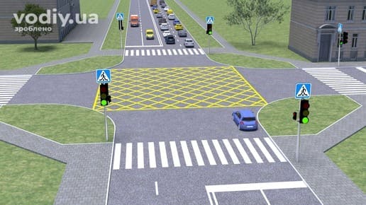 Горизонтальна дорожня розмітка 1.10.3 на перехресті, затор на дорозі та світлофорне регулювання