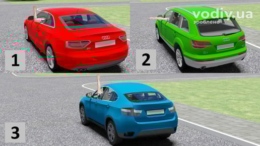 Подача сигналів рукою при несправності світлових покажчиків повороту, поворот праворуч, ліворуч та зупинка автомобіля