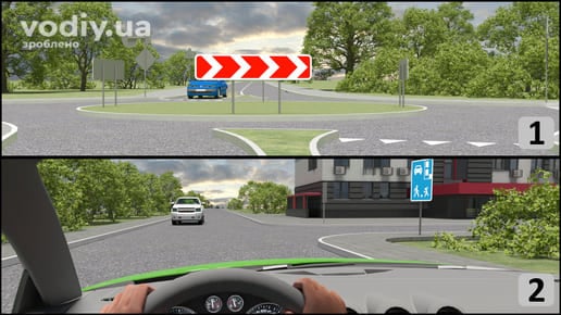 Дорожні знаки: 1.4.1 «Напрямок повороту», 5.34 «Житлова зона». Перехрестя з круговим рухом та в'їзд на прилеглу територію у двір.