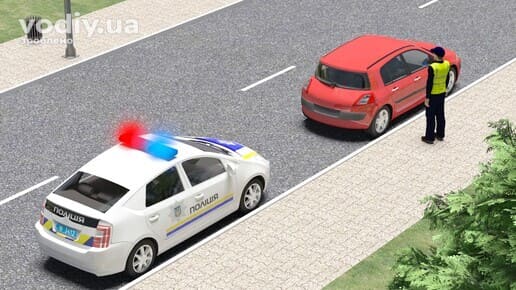 Поліцейський у світловідбивальному жилеті зупинив червоний автомобіль, патрульне авто з увімкненими синім та червоним проблисковими маячками.
