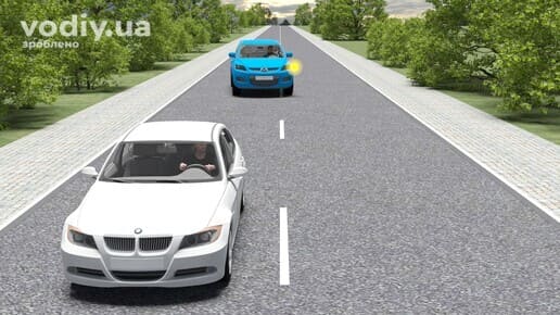 Білий та синій автомобілі на дорозі поза населеним пунктом, синій автомобіль увімкнув лівий покажчик повороту для обгону.