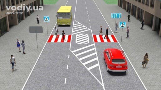 Рух автомобіля та автобуса біля пішохідного переходу, дорожні знаки: 5.38.1 «Пішохідний перехід», 5.16 «Напрямки руху по смугах», острівець безпеки.