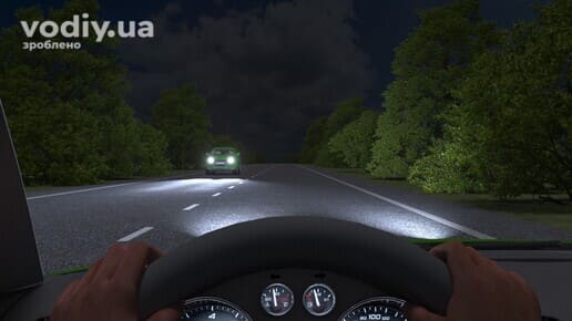 Зустрічний роз'їзд автомобілів у темний час доби, світло фар зустрічного авто, вид з місця водія, край проїзної частини та розмітка 1.5.