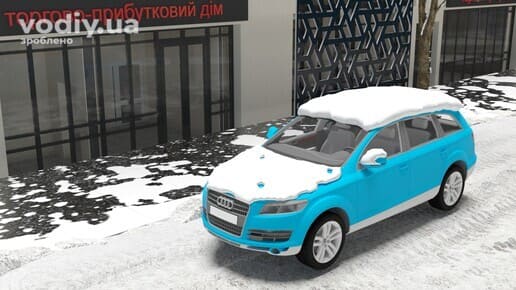 Сніг на даху та капоті автомобіля взимку, підготовка транспортного засобу до поїздки, безпека руху в зимовий період.