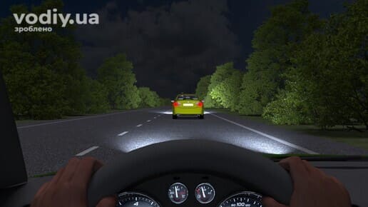 Вид з місця водія на дорогу в темну пору доби, увімкнене ближнє світло фар, автомобіль попереду на нічній трасі.