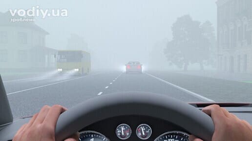 Сприйняття відстані та швидкості автомобіля в тумані, вигляд з місця водія на дорогу в умовах недостатньої видимості.