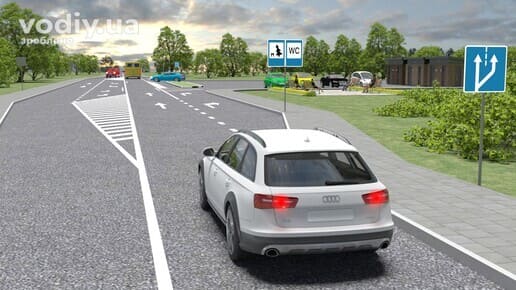 Втома водія під час тривалої поїздки, дорожні знаки: 5.20.1 «Початок додаткової смуги руху», 6.15 «Місце відпочинку», 6.11 «Туалет»