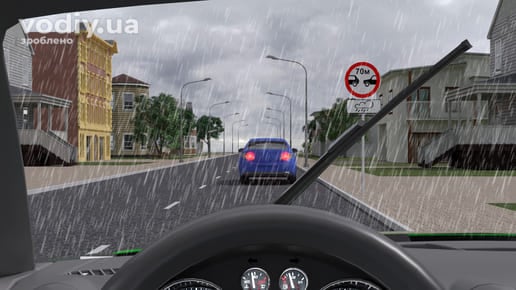 Рух автомобіля в дощ, дорожні знаки: 3.20 «Рух транспортних засобів без дотримання дистанції ... м заборонено», 7.13 «Вологе покриття»