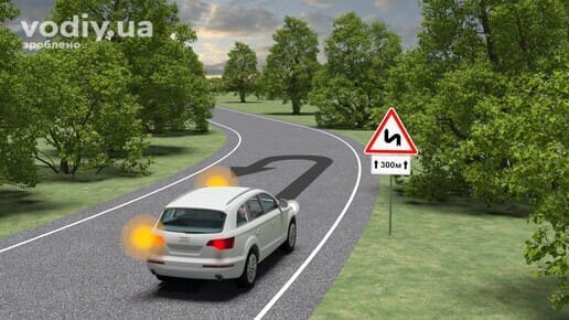 Розворот автомобіля на дорозі, дорожні знаки 1.3.1 «Декілька поворотів», 7.2.1 «Зона дії», обмежена оглядовість дороги.