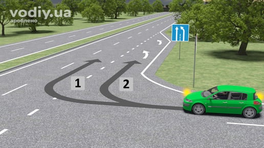 Зелений автомобіль на в’їзді, дорожній знак 5.17.2 «Напрямок руху по смугах», траєкторії повороту на дорогу зі смугою для розгону.